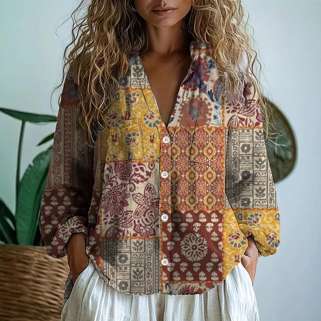 Petra™ | Geborduurde V-halsblouse met lange mouwen voor dames