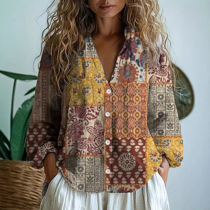 Petra™ | Geborduurde V-halsblouse met lange mouwen voor dames