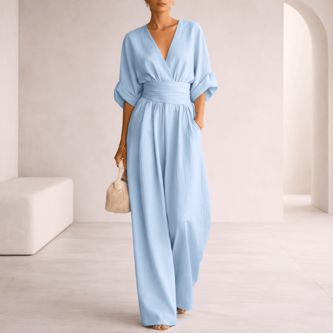 Elira | Essentiële V-hals Jumpsuit met Wijde Pijpen voor Dames