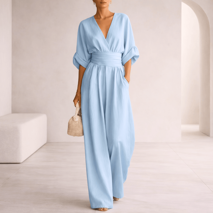 Elira | Essentiële V-hals Jumpsuit met Wijde Pijpen voor Dames