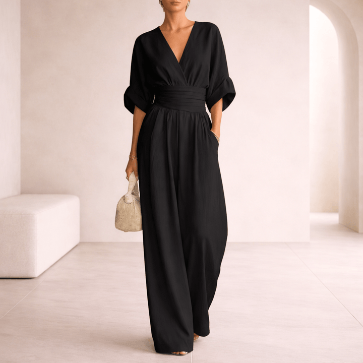 Elira | Essentiële V-hals Jumpsuit met Wijde Pijpen voor Dames