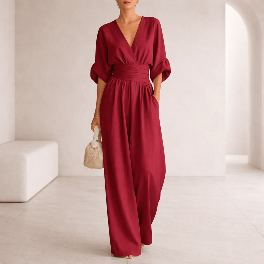 Elira | Essentiële V-hals Jumpsuit met Wijde Pijpen voor Dames