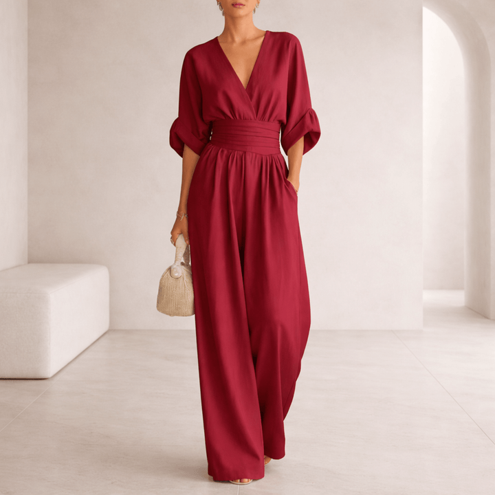 Elira | Essentiële V-hals Jumpsuit met Wijde Pijpen voor Dames