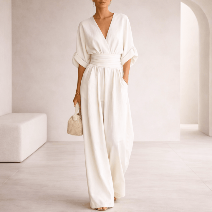 Elira | Essentiële V-hals Jumpsuit met Wijde Pijpen voor Dames